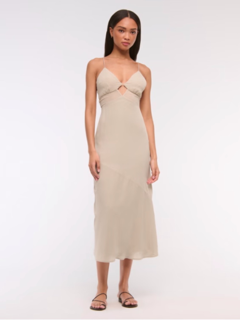 Abercrombie & Fitch Tie-Back Sheer Slip Midi Dress- Light Brown- NWT
